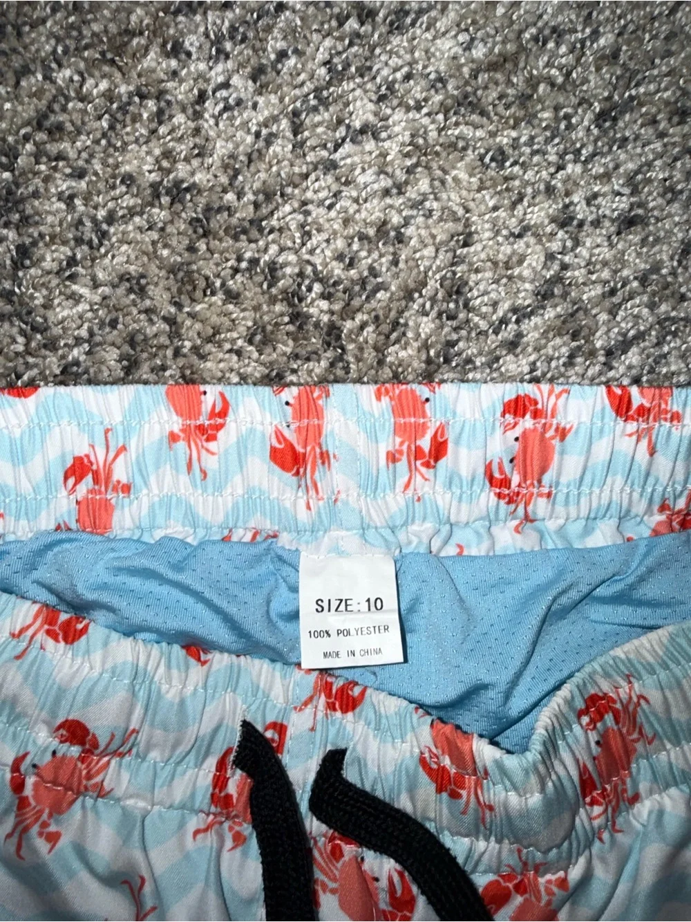 Youth Sz 10 - Crab Print Swim Shorts - White & Light Blue with Red Crabs